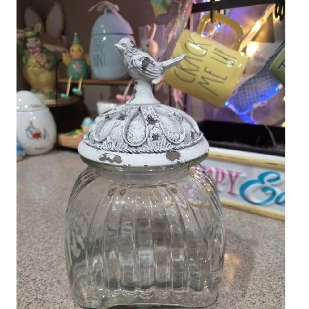 Ribbed Clear Glass Canister With White‎ Song Bird Chippy Paint Lid Cookie Jar